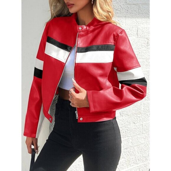 ⭐ Tankaneo Women's Cropped Faux Leather Moto Jacket Color Block Racing Coat - Picture 3 of 5